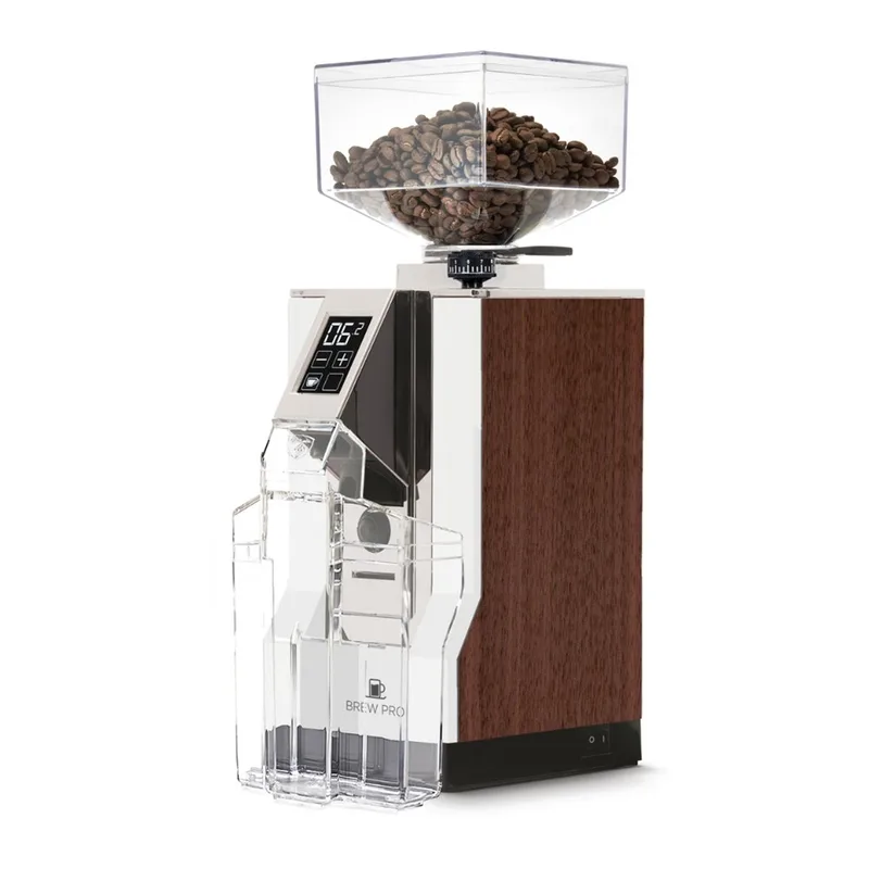 Eureka Mignon Brew Pro grinder, front view, White + walnut