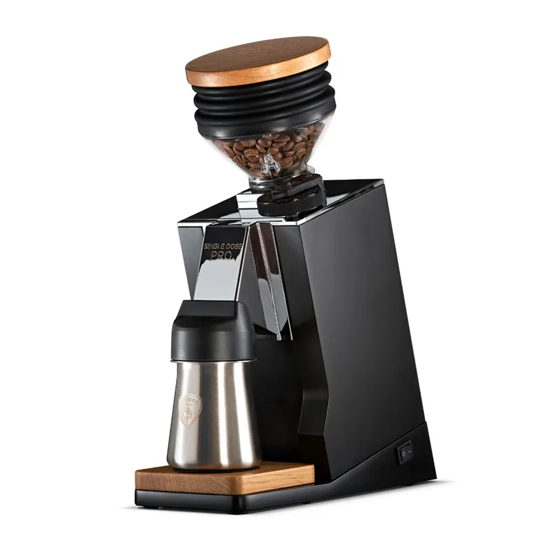 Eureka Mignon Single Dose Pro coffee grinder in matte black, front view