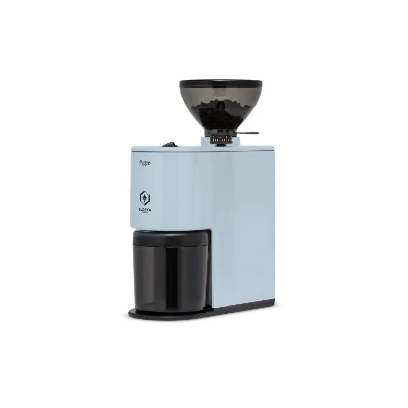 Eureka Peppe coffee grinder in light blue, front view