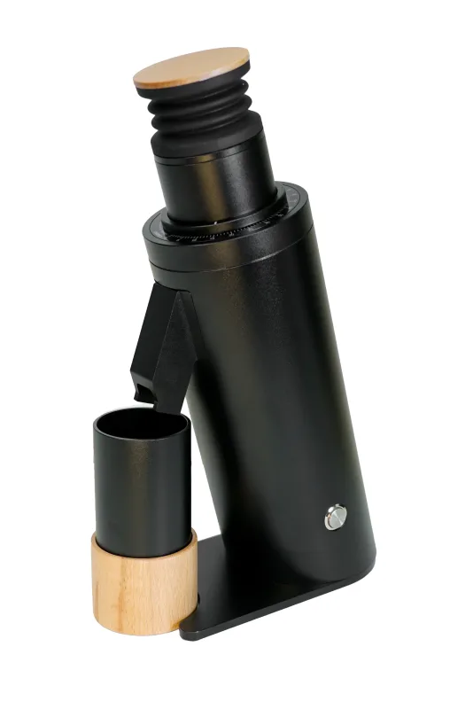 Black Turin DF64V Gen 3 variable-speed grinder with metal dosing cup, front view